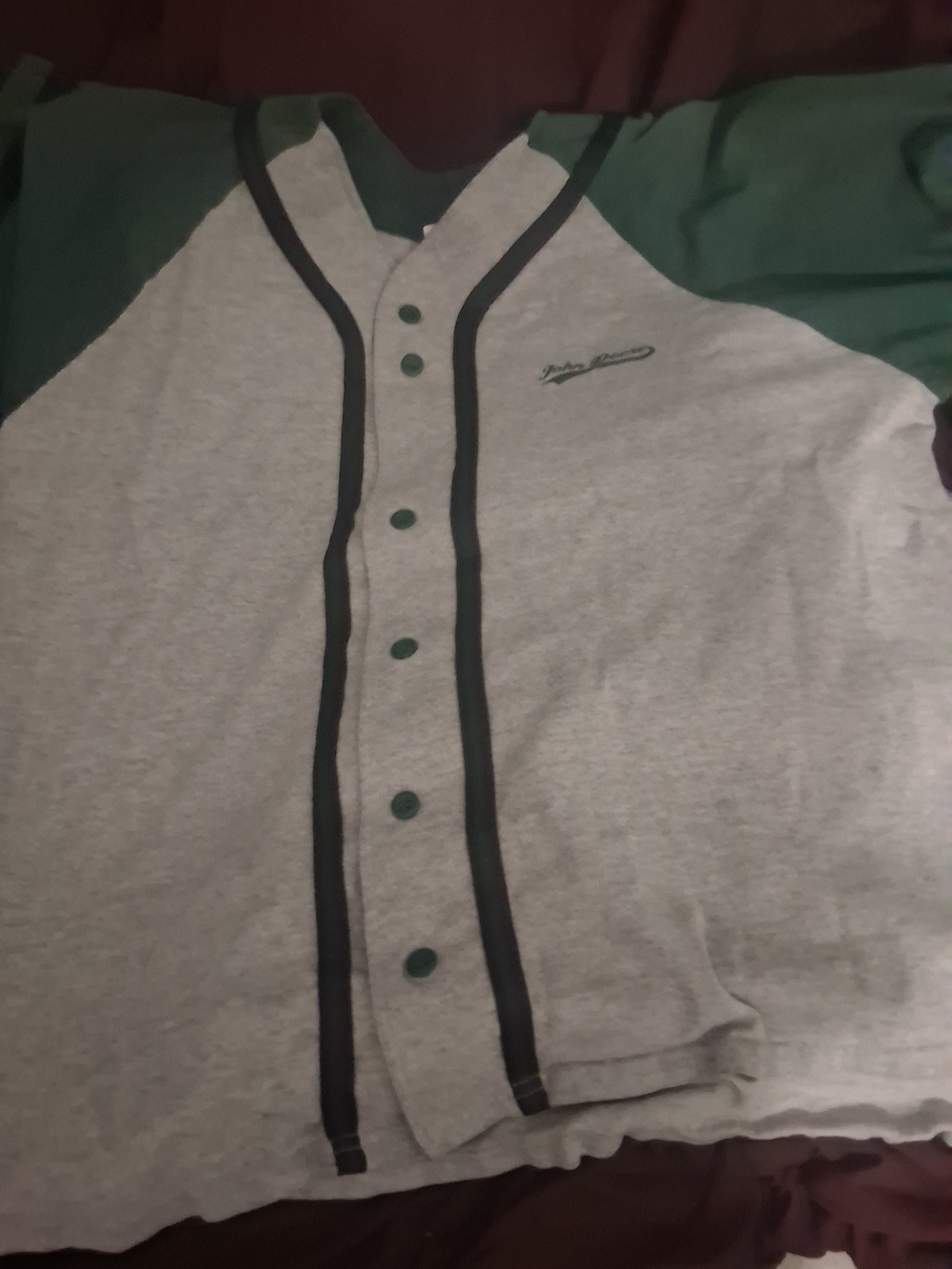 Men's Grey and Green Button-Up Baseball Jacket